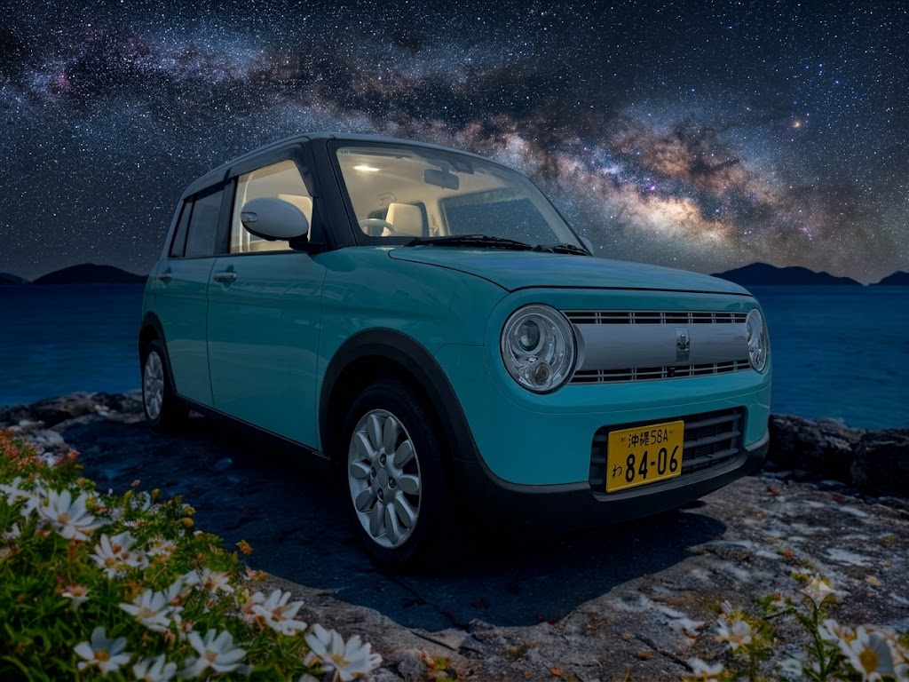 沖縄の星空の下、海岸の岩場に停車するミントグリーンのスズキ・ラパン。「沖縄58A わ 84-06」のナンバープレートと天の川が映る。